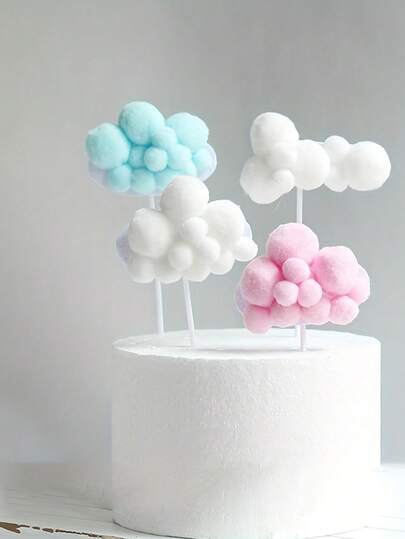 10pcs Birthday Cake Decorations, 3D Powder White Cloud Hot Air Balloon Baking Tags, White Plush Balls, Blue Flags, New Year Dessert Table, Mother's Day Wedding And New Year Cake Decorations