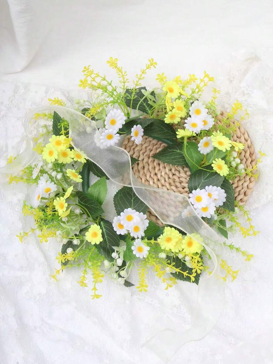 Couronne de marguerites réaliste de haute qualité, nouveau modèle pour la décoration intérieure et extérieure, convient pour la maison, le salon, la cuisine, le bureau, la table à manger, l'encadrement de porte - Jaune et blanc - Voir 1