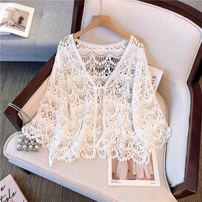 كارديجان نسائي بربطة أمامية بلون المشمش، غطاء شاول بأكمام 3/4 مفرغة بالدانتيل