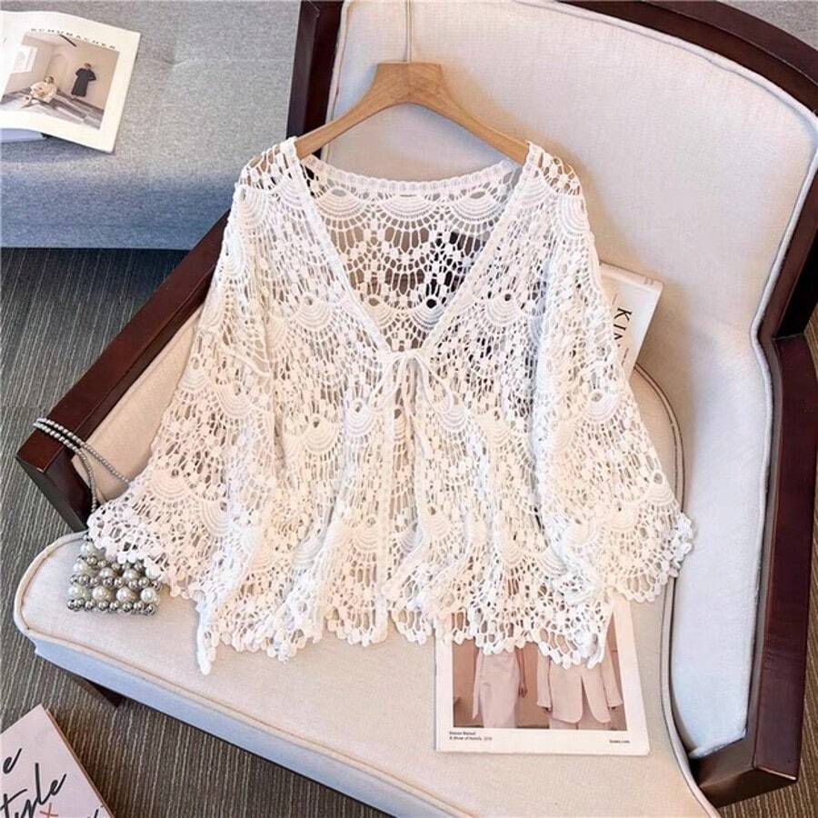 Women's Apricot Tie-Front Cardigan, Hollow Out 3/4 Sleeve Shawl Lace Coverup Vacation White Summer - White - View 1