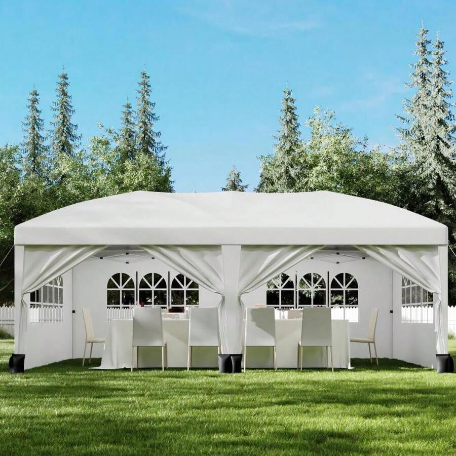10x10 Pop Up Canopy With 4 Sidewalls, Outdoor Portable Instant Canopy Tent, Waterproof Pop Up Tent, Versatile Gazebo For Camping, Outdoor Parties, Backyard,Beach Activities,White - 白色,帶側簾,10*20英尺 - 查看 1
