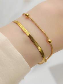 MECYLIFE 1pc Women Stainless Steel Double Layer Snake Chain Bracelet, Minimalist Jewelry For Daily Wear - Yellow Gold - View 1