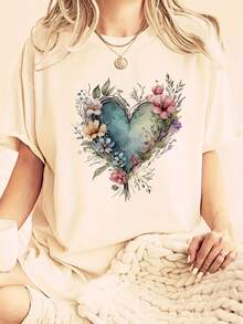 [Plus Size Heart Flower T-Shirt] Fashionable Round-Neck T-Shirt With Short Sleeves And Heart Flower Design In Plus Size - 白色 - 查看 6
