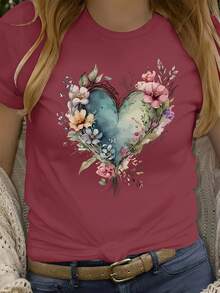 [Plus Size Heart Flower T-Shirt] Fashionable Round-Neck T-Shirt With Short Sleeves And Heart Flower Design In Plus Size - 白色 - 查看 8