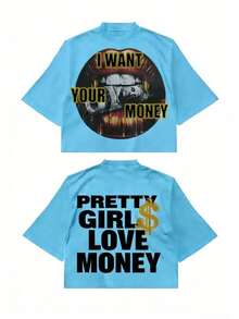 Fly "I Want Your Money" Hip-Hop Flow T-Shirt Pure Cotton Double-Sided Printed T-Shirt, Suitable For Men And Women,Top Pick Gift For Summer Casual Tees - 藍色 - 查看 1