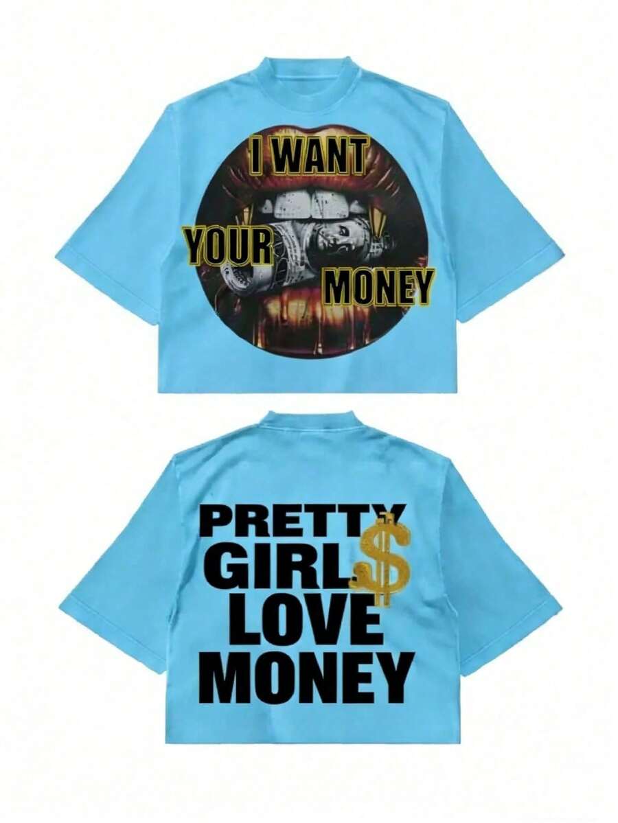 Fly "I Want Your Money" Hip-Hop Flow T-Shirt Pure Cotton Double-Sided Printed T-Shirt, Suitable For Men And Women,Top Pick Gift For Summer Casual Tees - 藍色 - 查看 1