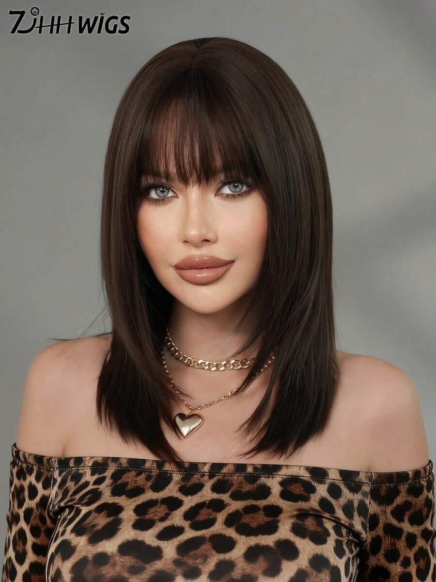 Dark Brown Layered Wig For Women 18 Inch Elegant Shoulder Length Straight Wig With Bangs, Natural Looking Soft Heat Resistant Fluffy Glueless Synthetic Fiber Wig For Daily Wear, Beginners Wigs Accessories, Mother's Day Gifts - 深棕色 - 查看 1