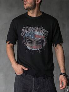 Men's Casual Street Style Graphic Distressed Fringe Loose Fit Lightweight Crew Neck Short Sleeve Knit Sweater, Black, Spring/Summer - Black - View 2