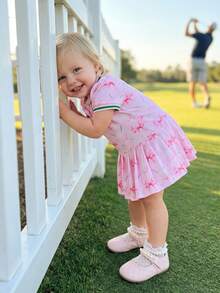 Vestido para niña pequeña de manga corta con cuello de solapa, estampado con tema de golf, corte en línea A y plisado - Rosa - Ver 4