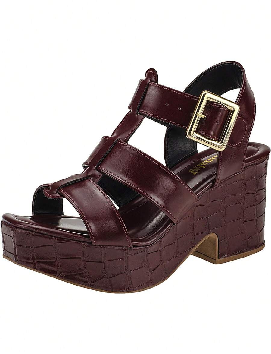 Women's Wedge Sandal With Platform Heel, Shekinah Style, Wide Buckle, Fashion - 紅木色 - 查看 1