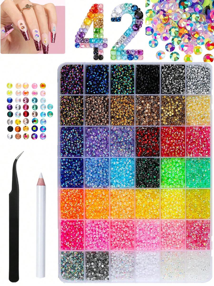 42 Colors Bedazzling Kit Rhinestones, Colorful DIY Resin Jelly Rhinestone, 3mm Flatback Gems Bedazzler Kit Tweezer, For Nail Art Crafting Clothes - Multicolor - View 1