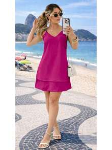 Women's Short, Loose-Fitting Dress With Layers And Ruffles In Candy Colors For Summer, With Adjustable Straps. - Rosa Roja - Ver 5