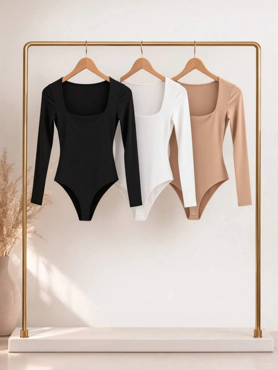 Kit 1, 3 Bodysuits, Women's Shaping Bodysuit, Second Skin Style, Square Neckline, Long Sleeves, Basic, High Fashion, Versatile, Elegant, Blogger Style - BLACK-wHITE-bEIGE - View 1