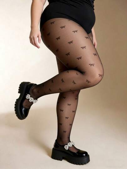 1 đôi quần tất đen mỏng cỡ lớn với họa tiết nơ đen jacquard mờ, thích hợp mặc hàng ngày.