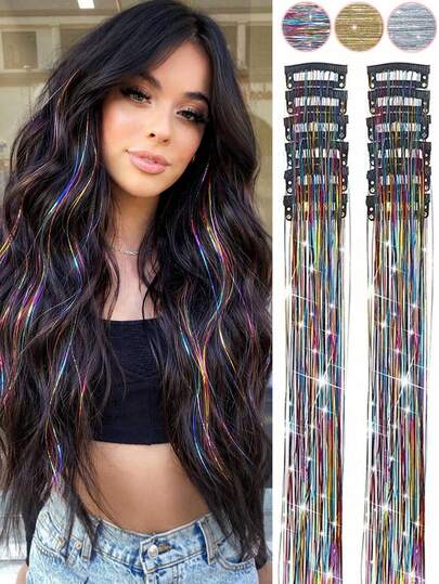 12pcs Shiny Hair Clips, 20 Inch Glitter Hair Extensions, Clip-In Synthetic Hair, Hair Accessory Set, Heat-Resistant Shiny Fairy Hair Clips, Suitable For Women And Girls For Daily Wear, Parties And , Claw Clips, Hair Claws, Hair Clips, Hair Pins,Summer,Holiday,Travel