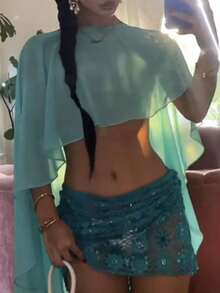 Women's Loose Sheer Tops Solid Color Bat Sleeve Off One Shoulder T-Shirt Chiffon Shirts For Summer - Blue - View 4