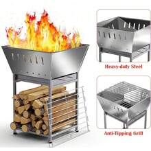 24 Inch Stainless Steel Outdoor Fire Pit With Grill 3-In-1 Wood Burning Fire Pits For Outside Square Firepit With Wood Storage And Ash Pan For Camping Patio Bonfire And BBQ - A - 查看 2