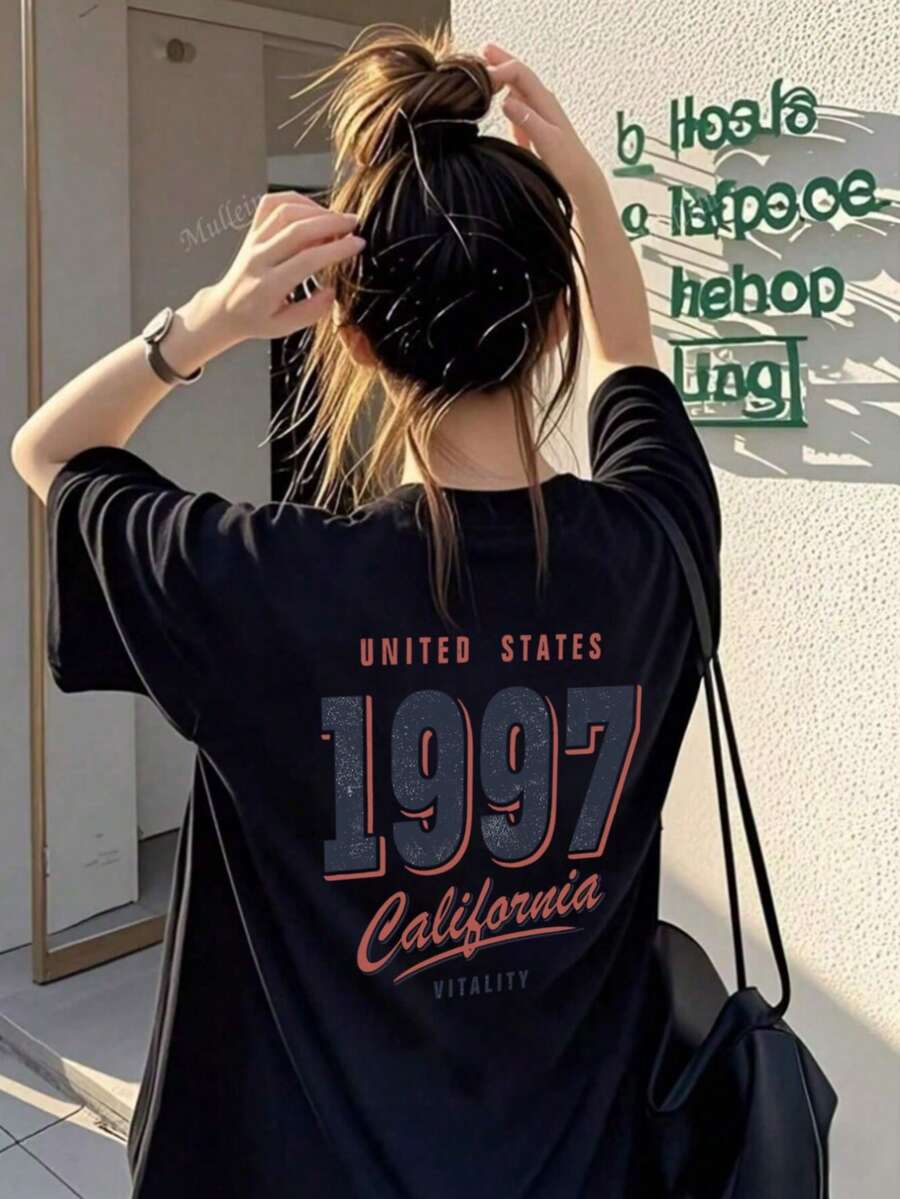 女士休闲宽松圆领百搭数字字母印花短袖T恤，春夏黑色 - 黑色 - 查看 1