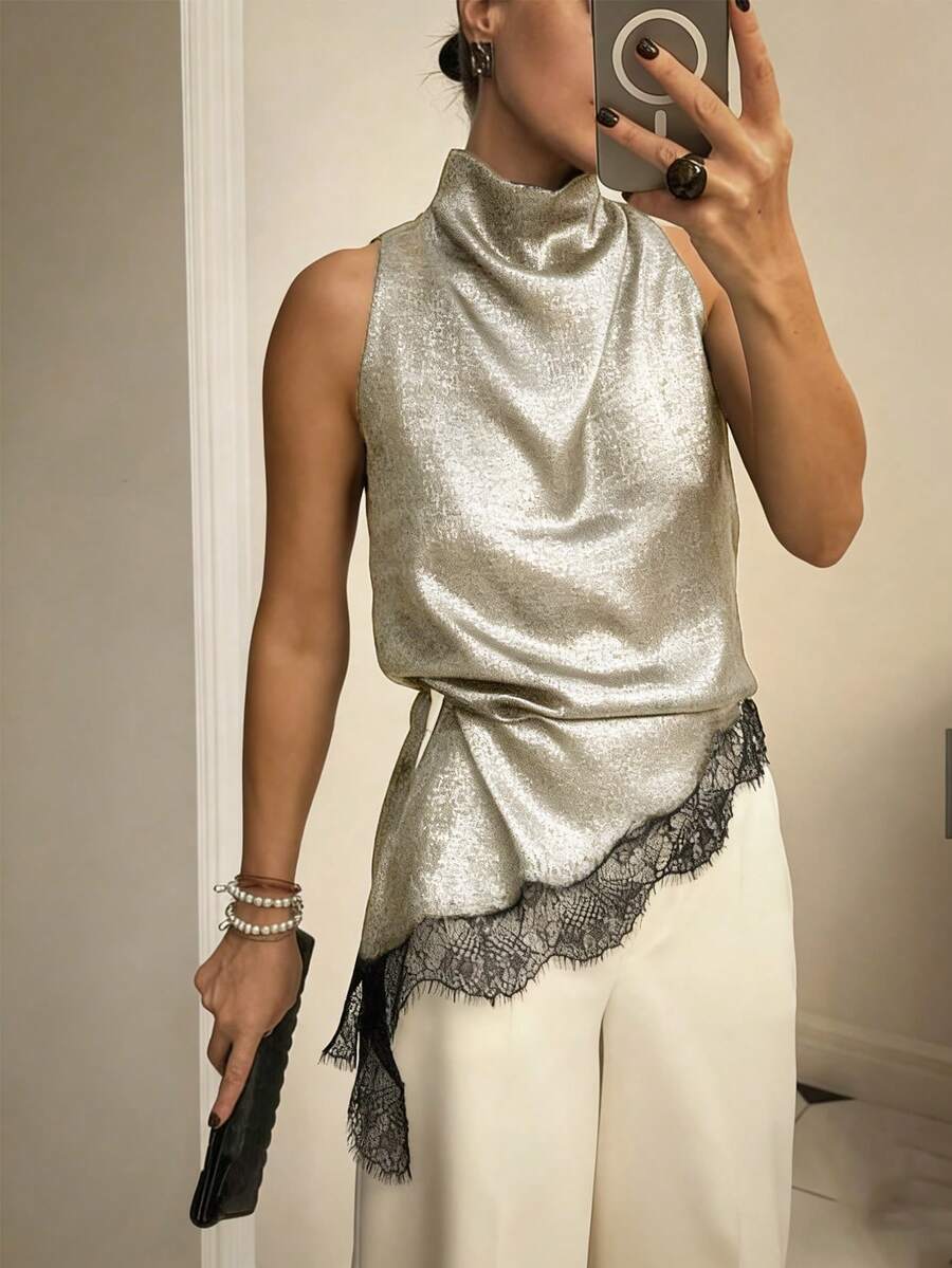 Elegant Minimalist Black Lace High Collar Blouse For Women, Suitable For Daily Wear, Work, Dates And Other Occasions Summer - Champagne - View 1