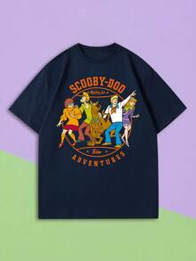 Whysmera SHEIN X SCOOBY-DOO 女士宽松落肩圆领短袖T恤，复古美式经典卡通冒险队趣味印花上衣，深海军蓝显瘦塑形，柔软亲肤透气，休闲百搭，适合日常通勤，完美搭配Y2K街头风、美式复古风、校园穿搭、音乐节、动漫展和周末旅行，基础款T恤 - 藏蓝色 - 查看 1