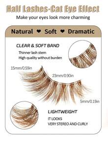 Asiteo 7 Pairs Brown Half-Strip False Eyelashes, Cat Eye Natural Makeup Effect, Transparent Stem, Winged Lashes, 3/4 Corner Lashes, Soft 3d Faux Mink Eyelashes Wispy Fluffy Faux Mink Lashes Eyelash Extension Tool For Daily Wear And Vocation - 棕色 - 查看 5