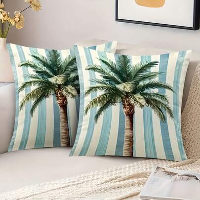 4pcs/2pcs Tropical Style Pillowcase - Designed With Palm Trees And Blue And White Vertical Stripe Patterns, Suitable For Summer Decoration Of Rooms, Living Rooms, Sofas, And Bedrooms. Pillow Cover | 18x18 Inches | Zipper Closure | Detachable And Washable | Skin Friendly Soft And Comfortable Fabric - Durable And Fade Resistant, Suitable For Summer Home Decoration. Excluding Pillow Core.