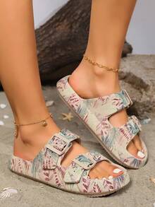 New Women's Sandals Featuring A Beach-Inspired Design With Leaves And Adjustable Double Buckles. Equipped With Soft EVA Soles, Textured, Slip-Resistant Soles, And A Silent Wear Experience, Suitable For Indoor Home Use, Casual Outdoor Wear, And Summer Beach Trips. - Màu Khaki - Xem 2