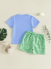 Toddler Baby Boys Frog Outfit 2Pcs Infant Summer Clothes Embroidery Short Sleeves T Shirts And Gingham Shorts Set - 藍色 - 查看 2