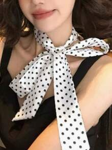 1件女款波點印花斜紋時尚優雅圍巾，可用作裝飾頸巾、髮帶、髮圈，也適合包包、錢包與衣物裝飾，四季皆宜的理想配件 - 白色 - 查看 2