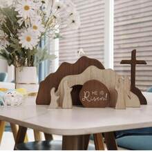 [He Is Risen]Empty Tomb Scene Spring Easter Decorations, Jesus Nativity Resurrection Figurines Set With Wooden Cross For Home, Office, Table, Shelf, Mantle Decor – Christian Catholic Religious Gifts - A - View 5