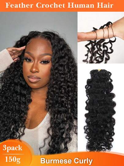 3Packs/150g Burmese Curly Crochet Feather Braids Crochet Hair Extension Remy Human Hair Micro Pre Looped Full Head Burmese Curly Crochet Human Hair Extension Feather Line Seamless Invisible Miracle Knots Hair Extension