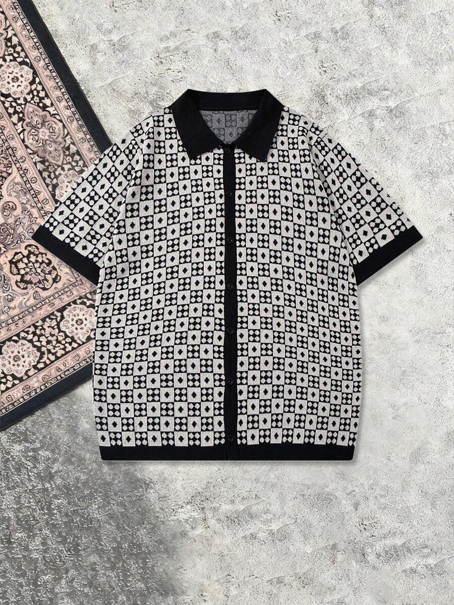 Men's Casual Geometric Pattern Loose Fit Polo Shirt, Business Stylish Short Sleeve Knit Top, Spring/Summer - Black - View 1