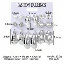 Set de 18 piezas de aretes con diseños asimétricos geométricos en forma de corazón y gota de agua, diseño minimalista y elegante de lujo, adecuado para uso diario - Plateado - Ver 5