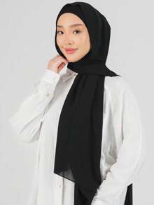 2pcs Women Scarf Headscarf Hat Set, Versatile Undershirt Cap Combo, Hijab, Middle East Ramadan Abaya Matching, Elastic Beanie & Chiffon Scarf Casual Set - Black - View 1