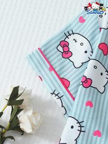 SANRIO Women's Pajama Set, Striped Heart Print Short Sleeve Pocket Top And Bow Shorts Casual Loungewear - Màu xanh lam - Xem 4