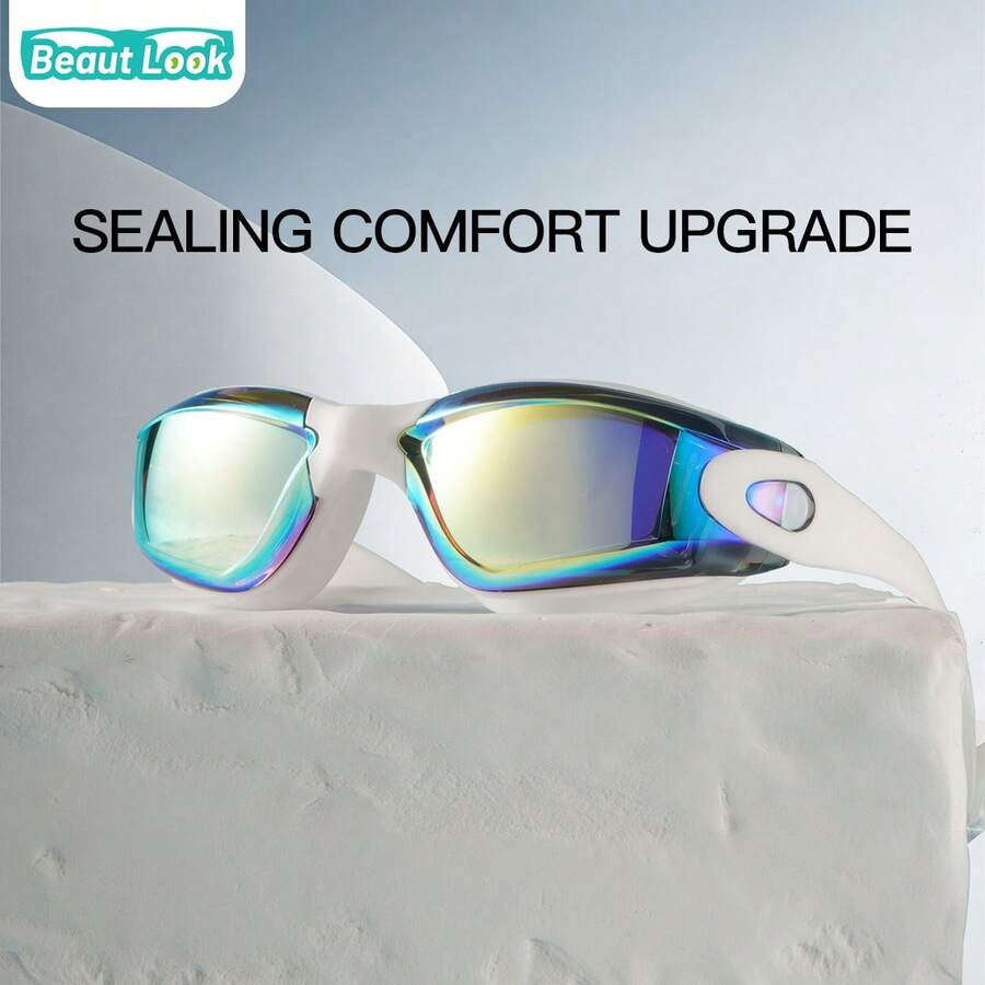Professionelle Racing Schwimmbrille mit geringem Strömungswiderstand, stromlinienförmiges Design, komfortabel und hautfreundlich, hochauflösende beschlagfreie wasserdichte Erwachsenen-Trainings-Schwimmbrille - Weißer Rahmen mit Goldplattierung [Antibeschlag-Schwimmbrille] - Übersicht 1