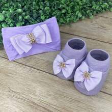 Baby Slippers And Headband Set For Newborns With Rhinestones And Assorted Bows - Lilac Purple - View 2