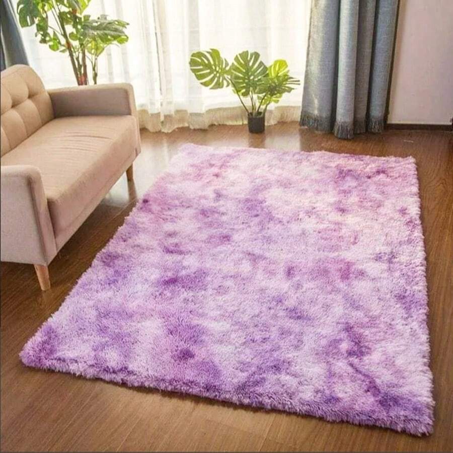 Alfombra suave, mullida y antideslizante para comedor, dormitorio o cualquier estancia del hogar. Alfombra de pelo largo. Varios colores. 1,9 m * 1,35 m. - Morado tie-dye - Ver 1