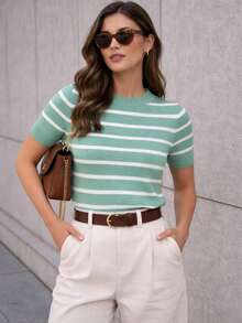 Women's Striped Modal Knit Blouse With Short Sleeves - 2026  - Versatile, Modern, Premium - Green Striped - View 1