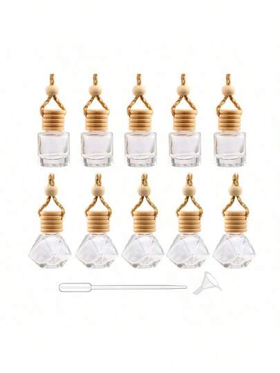 2/10 Pcs 8ml Premium Clear Glass Car Hanging Air Freshener Bottle, Leakproof Airtight Refillable Reusable Empty Car Perfume Essential Oil Diffuser Bottles, Stylish Pendant Aromatherapy Fragrance Bottle Auto Interior Ornaments Charms For SUV Truck Home Office Decor Road Trip Travel Gift For Car Lovers Drivers Men Women Daily Use
