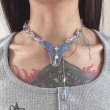 1Pcs Bohemian Butterfly Choker Necklace - Adjustable Leather Collar With Metal Beads & Glass Gem Accents, Vintage Festival Necklace For Music Events, Y2K Brown Goth Jewelry - 棕色 - 查看 11