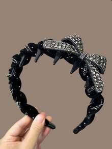 1pc Black Bowknot Headband With Rhinestones, Elegant And Fashionable Hair Hoop - Black - View 1