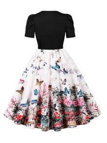 Elegant Butterfly & Floral Print Puff Sleeve Round Neck Knee-Length Casual Dress, Suitable For Party, Beach, Travel, Summer Black Spring Fall - Black - View 2