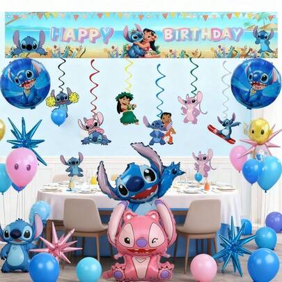 Stitch And Angel Themed Party Decoration Set, Cute Stitch Angel Balloons And Banner Suitable For Birthday Celebration
