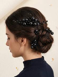 5 pezzi Set di pettini e fermagli per capelli retrò neri con perle finte, accessori eleganti per acconciature da sposa realizzati a mano con perline, adatti per banchetti, feste, estate, spiaggia, matrimoni - nero - Visualizzare 5