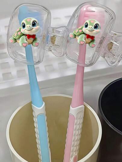 1/2 pièces Étui de protection portable combiné avec motif d'imprimé de tortue mignonne et de cœurs roses, boîte de rangement de brosse à dents de voyage, clip de protection de tête de brosse à dents portable, clip de rangement de brosse à dents, couvre-brosse à dents, protège la tête de brosse à dents, conception portable pour un transport facile, couvre-tête de brosse à dents anti-poussière pour les voyages, le meilleur cadeau pour les amoureux, les amis, la famille, les passionnés de voyages