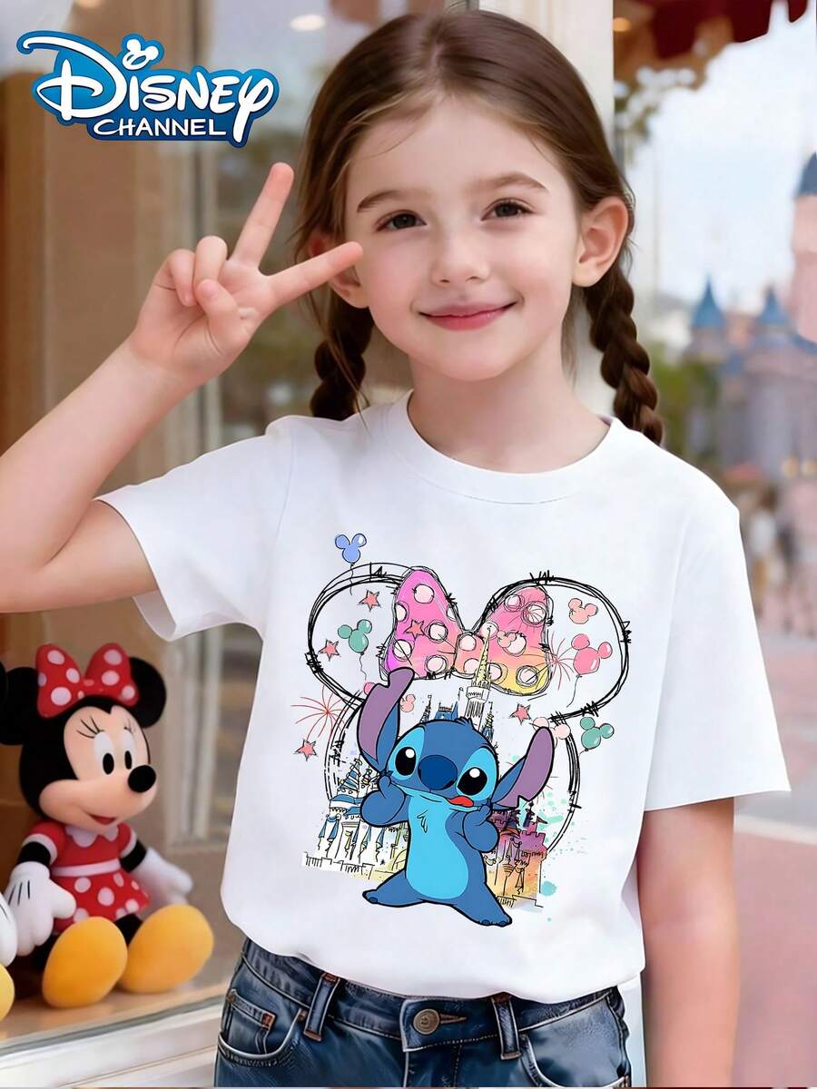 Disney Stitch Themed T-Shirt! Cute Stitch Stands In Front Of Minnie's Bow And Castle, With A Lively And Playful Watercolor Blend Style Print Pattern Summer Tops,Short-Sleeved Casual And Cute Style Children's Clothing Design, Girl Clothes For Kids ,Ropa Para Niños,Girl Clothes For Kids,Graphic Tee, Summer Clothes,Perfect For Cool Girls. Comfortable And Breathable Children's Short-Sleeved T-Shirt. Comfortable And Casual Wear All Year Round 180g Pure Cotton Children's Clothes,Comfortable & Lightweight, Iconic Print For Mix-And-Match Outfits,Suitable For Both Boys And Girls. - White - View 1