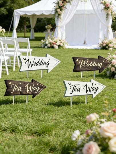 4pcs Wedding Direction Sign Set, With Stands, Wedding Ceremony Directional Signage, Lawn Arrow Signs, Suitable For Wedding Ceremony, Reception Area And Parking Zone