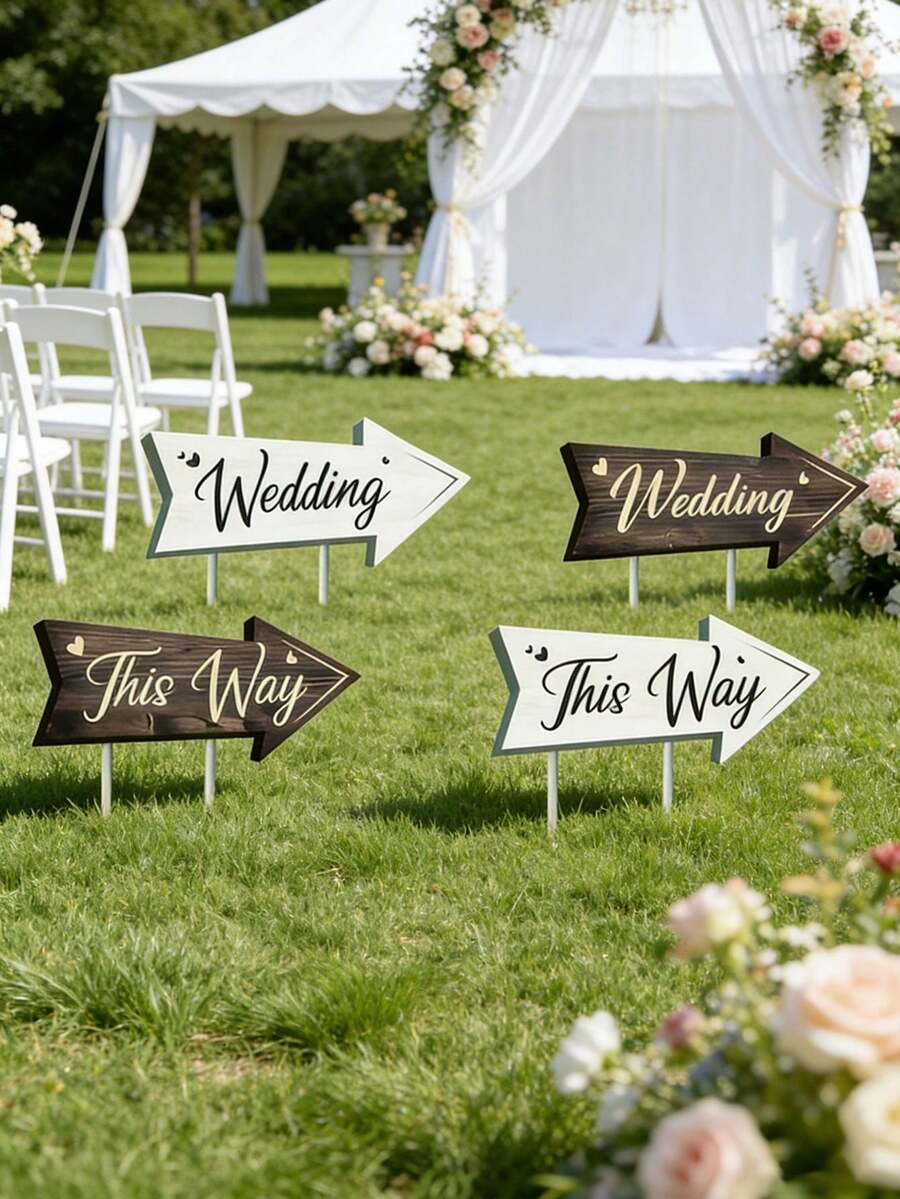 4pcs Wedding Direction Sign Set, With Stands, Wedding Ceremony Directional Signage, Lawn Arrow Signs, Suitable For Wedding Ceremony, Reception Area And Parking Zone - Multicolor - View 1