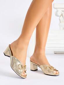 女士高跟鞋，柔美气质，圆形金属搭扣装饰，烫金工艺，纯色蛇纹图案，简约百搭舒适香槟色高跟鞋，圆头，露趾，套脚式，粗跟，适合派对、度假、约会等场合，尽显魅力风范，时尚优雅，优雅鞋履 - 香檳色 - 查看 4